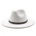 Elegant white wool fedora hat with flat wide brim and studded leather band for unisex - White