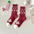 Women's wine red cotton crew socks featuring white diamond jacquard and clover patterns - One Size / Rose Red White Grid