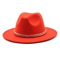 Classic red wool fedora hat with bold gold chain accessory and wide brim for fashion - M (56-58cm) / Orange Red