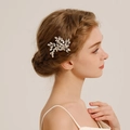 Peigne à cheveux argenté en forme de feuille avec cristaux sur une coiffure de mariée - HS-J7140S Argent (1 pièce/paquet)