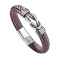 Men's retro punk brown braided leather bracelet with silver magnetic buckle and metal knot - 21cm / Brown
