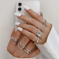 Set di anelli vintage in argento con forme a cuore cave e texture trapuntate per donne - Elegante Vintage Set Anelli Cuore Romboidale / Argento