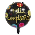 Round black Feliz Cumpleaños foil balloon with colorful stars and cupcake decorations - Round Black Gold Letter Spanish Birthday