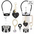 6pcs black and gold Stanley cup accessory set with glitter lanyard and diamond straw cover - Black Gold Premium 6pcs Set (No Cup)