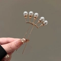 Épingle à cheveux dorée en U avec cinq perles blanches pour chignon élégant - Style Couronne à Cinq Perles (#209) / Or