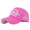 Detailed close-up of pink cotton baseball cap with white 3D BEST embroidery and smiley face - Adjustable / Rose Red