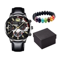 Men's fashion quartz watch set with luminous hands, calendar, and beaded energy bracelet - Black Strap Black Case Gold Hands And Bracelet And Box