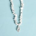 White irregular stone beaded necklace with a natural silver grey pearl pendant - White Turquoise Pearl