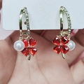 Pink lucky clover pearl earrings with gold heart petals and micro-inlaid diamonds - Red Crystal Four-Leaf Clover Pearl Earrings [Ear Needle]