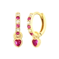 Detailed view of gold C-shaped earrings featuring red heart gems and sparkling pave crystals - Colorful Zirconia Gold Hoop Red Heart Pendant