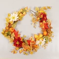 Autumn wreath with orange maple leaves, red dahlias, white mums and mini pumpkins - QT629/180B (No Light)