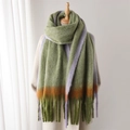 Faux cashmere gradient scarf with tassels in green, purple, and orange shown on a mannequin - Green Purple Orange Gradient