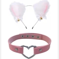 Détails du collier ras du cou en cuir rose et du serre-tête oreilles de chat - Ensemble Choker Coeur / Blanc/Rose