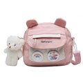 Pink canvas crossbody bag for women featuring cute bear pins and a plush keychain - With Pendant and Badges / Pink