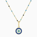 Close-up of golden chain necklace with colorful enamel beads and devil eye coin pendant - Blue Evil Eye