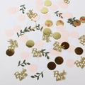 Detail of Bride to Be confetti set with gold glitter text and green leaf shapes - Leaves + Gold Bride to be + Gold/Pink/White Circles (100pcs)