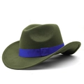 Detail of olive green felt cowboy hat featuring a contrasting bright blue ribbon band - Army Green
