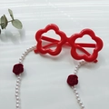 Kids red flower shaped costume glasses with long white pearl and red rose chain accessory - With Pearl Rose Chain / Red