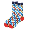 Men's cotton crew socks featuring blue and red geometric squares with dotted navy cuffs - 38-46 / Multicolor Large Plaid Dots