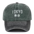 Casquette de baseball rétro en coton lavé avec broderie Tokyo en gris et vert - Réglable / Vert Patchwork Noir