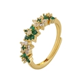 Close-up of gold plated adjustable ring featuring green and white flower gem cluster - VJ514 Gold Star