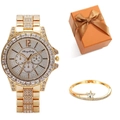 Fashionable gold rhinestone watch set with star bracelet in orange gift box packaging - Gold Watch + Bracelet + Orange Box