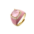 Dettaglio anello in ottone dorato con zircone rosa e rivestimento in smalto rosa - Aperto Regolabile / Rosa Placcato Oro Pietra Rosa
