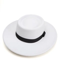 Classic white wool felt fedora with flat brim and black ribbon band for autumn winter - M(57cm) / White