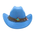 Himmelblauer Filz-Cowboyhut mit Türkisstein und mehrfarbigem perlenbesetztem Ethno-Band - Einheitsgröße / Blau