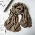 Dark coffee brown modal scarf with elegant pleated texture and frayed edges for women - Khaki