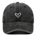 Detail of white heart embroidery on washed black vintage cotton baseball cap - Adjustable / Black