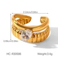 Gold-plated double-layer stainless steel ring with oval zircon and textured bands - Vintage Textured Double Layer Oval Zirconia (HC-R30586)