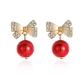 Golden bow earrings with sparkling zircons and hanging red pearl beads for Christmas - Gold Bowknot Stud Earrings