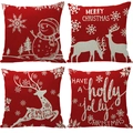 Set of four red Christmas linen pillowcases with reindeer and snowflake festive prints - Set 04