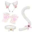 White and pink plush cat cosplay set with cat ears headband, paw gloves, tail and collar - Pure White + Choker + Gloves + Tail