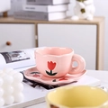Pink ceramic tulip tea cup and saucer set with a creative ring handle design - 180ML / Pink Tulip