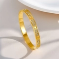 Elegant 18K gold plated titanium bangle with floral relief and sparkling white rhinestones - Five-Leaf Flower Bangle (Gold)