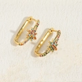 Gold rectangular hoop earrings with colorful crystals and a delicate star charm - Multicolor Zirconia (ES2296-1)