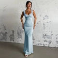 Slim fit light blue maxi dress with ruffle neckline and tie waist detail for women - XS / Blue