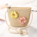 Mini straw bucket bag for girls featuring handmade 3D floral accents and cotton rope strap - Button Large 2 Flowers / Beige