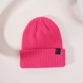 Vibrant rose pink ribbed knit beanie with a stylish black leather buckle and metal rivet - M (56-58cm) / Rose Red