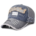 Vintage navy blue and grey denim baseball cap with 1969 embroidery and distressed edges - Blue Top Grey Brim