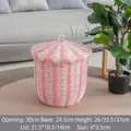Pink striped rattan circus basket with star handle lid and size measurements - Beige Pink Small