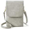 Front detail view of a grey PU leather crossbody cell phone bag with gold hardware - Upgrade-Gray