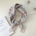 White floral cotton linen square scarf with blue and orange flower print detail - 58*58cm / 1 Stripe Base-Red Blue Flower