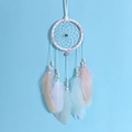 Pink heart dreamcatcher with colorful beads and soft feathers on blue background - Classic Heart / Pale Blue