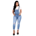 Damen Latzhose aus blauem Denim mit Rissen und schmaler Passform im geraden Schnitt - S / Hellblau