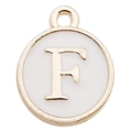 Golden round pendant with white enamel and letter F for DIY jewelry making - Double-Sided Letter F / 1 Piece (12x14mm) / White