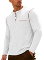 White men's long sleeve Henley shirt with brown contrast stitching and chest pocket - S / White