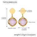 Golden stainless steel earrings with pink square glass stones and detailed dimensions - Earrings / Gold-Pink